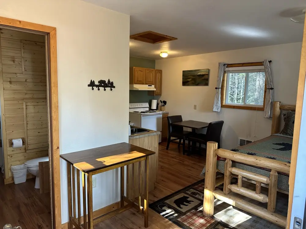 Living area with kitchenette dining counter and bathroom entrance in the Lone Walker cabin